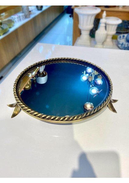 Altın Eskitme Çiçek Ayaklı Aynalı Yuvarlak Tepsi 38CM fiyatları