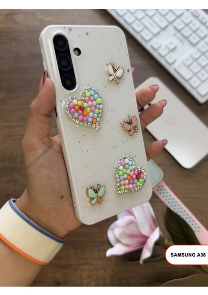 Samsung Galaxy A36 Uyumlu Kelebekli Taşlı Simli Kalpli Wish Silikon Telefon Kılıfı fiyatları