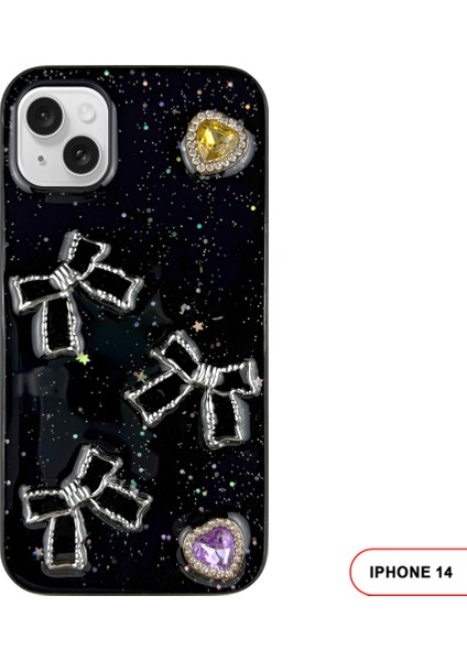 iPhone 14 Uyumlu Kelebekli Taşlı Simli Kalpli Wish Silikon Telefon Kılıfı