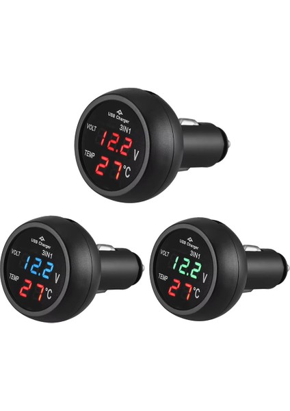 3in1 Araba Voltmetre Termometre USB Şarj Aleti | 12V 24V LED Dijital Gerilim Ölçer Araç Için