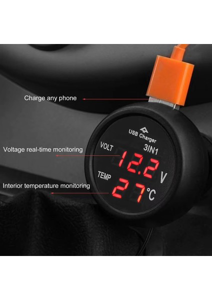 3in1 Araba Voltmetre Termometre USB Şarj Aleti | 12V 24V LED Dijital Gerilim Ölçer Araç Için modelleri