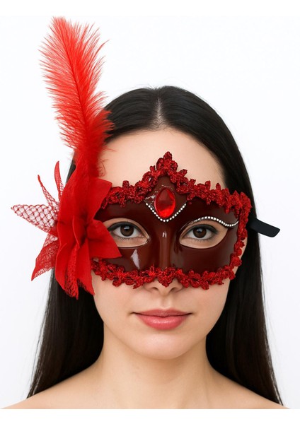 Kırmızı Mat Renk Yandan Tüylü Güllü Parti Balo Venedik Maskesi 16X22