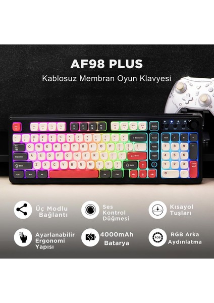 AF98 Plus Membran Oyuncu KLAVYESI-4000 Mah Batarya-Bluetooth 5.0/2.4g/usb-C, Rgb