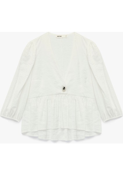 V Yaka 3/4 Kol Peplum Kesim Kruvaze Bluz