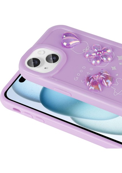 Apple iPhone 15 Plus Kılıf Kabartma Figürlü Parlak Ecrz Toys Silikon Kapak-Pembe modelleri