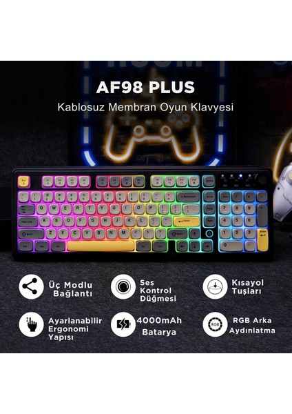 AF98 Plus Membran Oyuncu KLAVYESI-4000 Mah Batarya-Bluetooth 5.0/2.4g/usb-C, Rgb