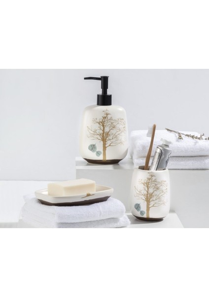 Seramik 3'lü Banyo Seti Beyaz Ağaç Desenli Modern Tasarım Kolay Temizlenir