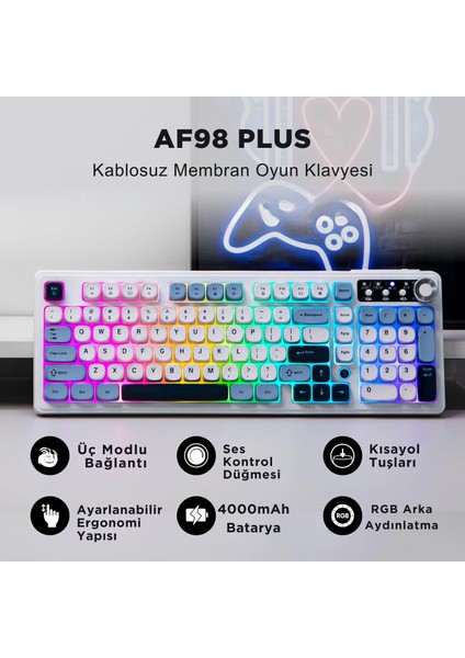AF98 Plus Membran Oyuncu KLAVYESI-4000 Mah Batarya-Bluetooth 5.0/2.4g/usb-C, Rgb