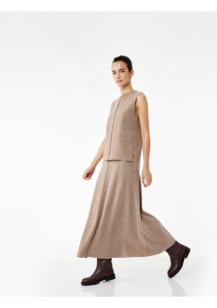Dikiş Detaylı Pamuk Karışımlı Midi Kloş Triko Etek