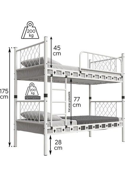 Argimo Zambak Genç Çocuk Yatak Odası Metal Ranza ve Karyola 90 x 190 Siyah