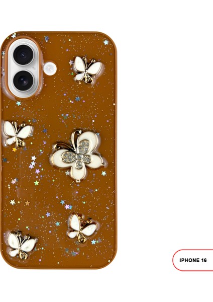 iPhone 16 Uyumlu Kelebekli Taşlı Simli Kalpli Wish Silikon Telefon Kılıfı