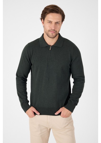 Haki Saf %100 Pamuk Erkek Yarım Fermuarlı Polo Yaka Triko Kazak