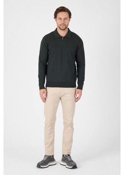 Haki Saf %100 Pamuk Erkek Yarım Fermuarlı Polo Yaka Triko Kazak fiyatları