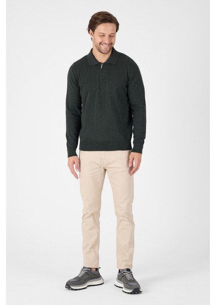 Haki Saf %100 Pamuk Erkek Yarım Fermuarlı Polo Yaka Triko Kazak modelleri