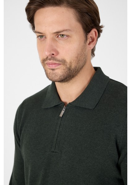 Haki Saf %100 Pamuk Erkek Yarım Fermuarlı Polo Yaka Triko Kazak