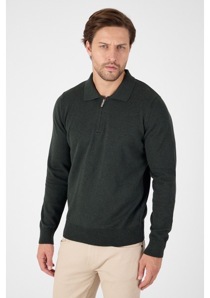 Haki Saf %100 Pamuk Erkek Yarım Fermuarlı Polo Yaka Triko Kazak