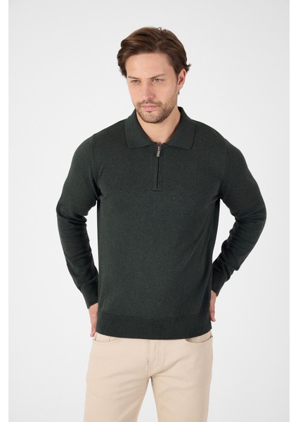 Haki Saf %100 Pamuk Erkek Yarım Fermuarlı Polo Yaka Triko Kazak