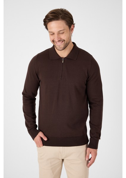 Kahverengi Saf %100 Pamuk Erkek Yarım Fermuarlı Polo Yaka Triko Kazak