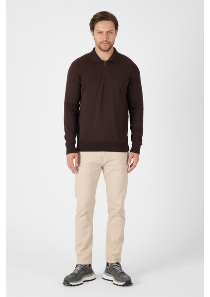 Kahverengi Saf %100 Pamuk Erkek Yarım Fermuarlı Polo Yaka Triko Kazak fiyatları