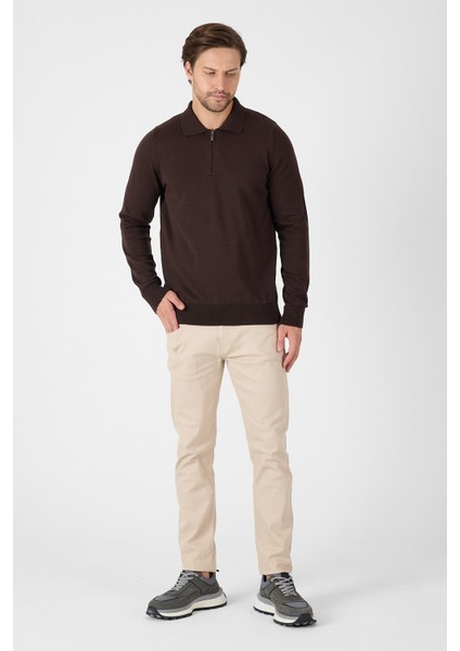 Kahverengi Saf %100 Pamuk Erkek Yarım Fermuarlı Polo Yaka Triko Kazak modelleri