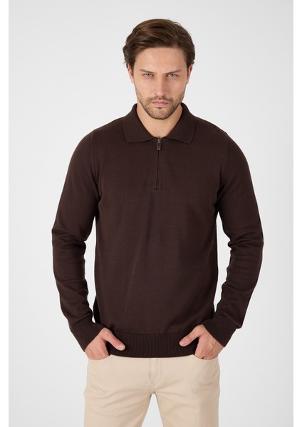Kahverengi Saf %100 Pamuk Erkek Yarım Fermuarlı Polo Yaka Triko Kazak fırsatları
