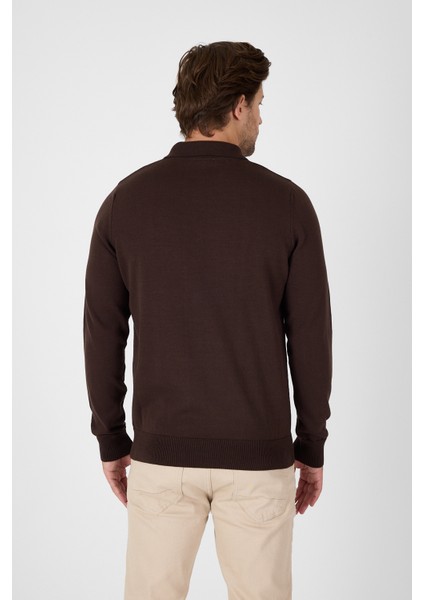 Kahverengi Saf %100 Pamuk Erkek Yarım Fermuarlı Polo Yaka Triko Kazak indirimleri