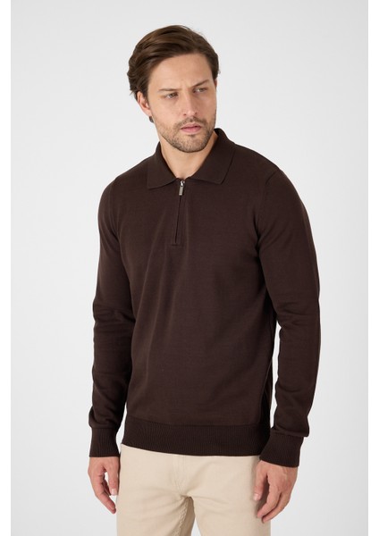 Kahverengi Saf %100 Pamuk Erkek Yarım Fermuarlı Polo Yaka Triko Kazak