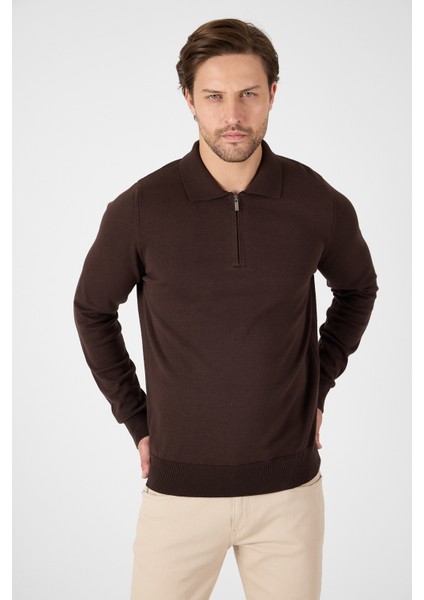 Kahverengi Saf %100 Pamuk Erkek Yarım Fermuarlı Polo Yaka Triko Kazak