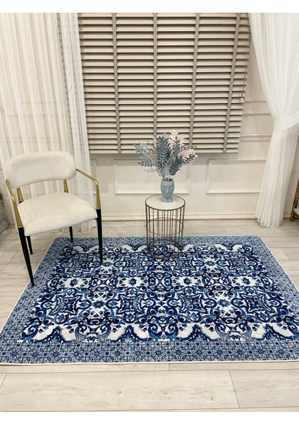 Lacivert-Gri Blue Blanc Modern Lateks Kaymaz Taban Halı