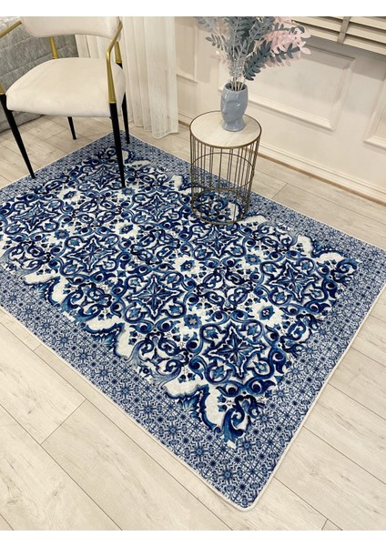 Lacivert-Gri Blue Blanc Modern Lateks Kaymaz Taban Halı fırsatları