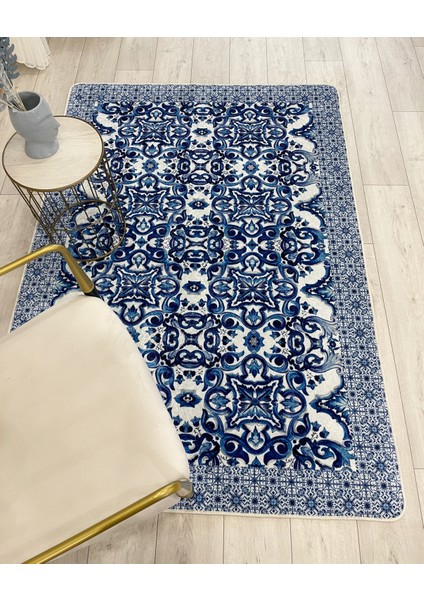 Lacivert-Gri Blue Blanc Modern Lateks Kaymaz Taban Halı