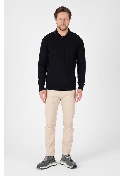 Siyah Saf %100 Pamuk Erkek Yarım Fermuarlı Polo Yaka Triko Kazak fiyatları
