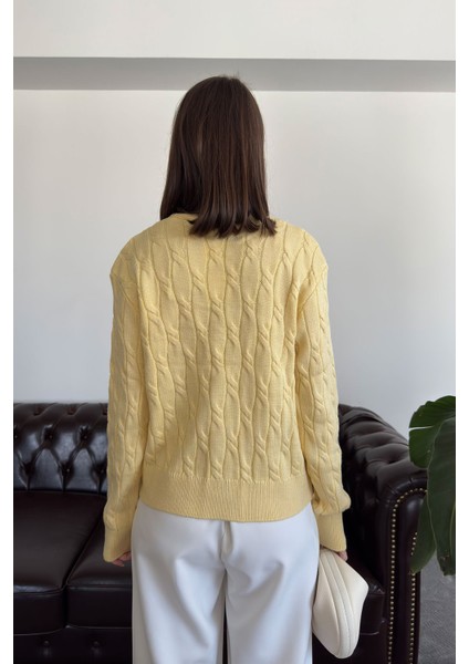 V Yaka 3 Düğmeli Triko Hırka- Sarı indirimleri