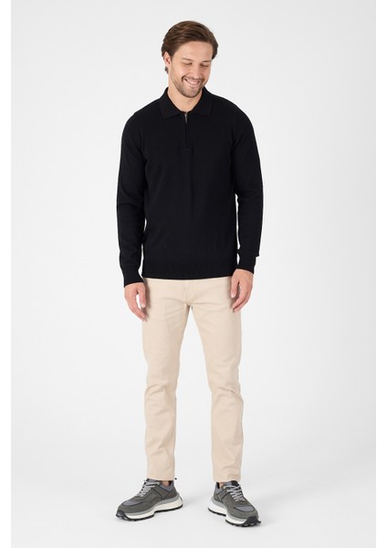 Siyah Saf %100 Pamuk Erkek Yarım Fermuarlı Polo Yaka Triko Kazak modelleri