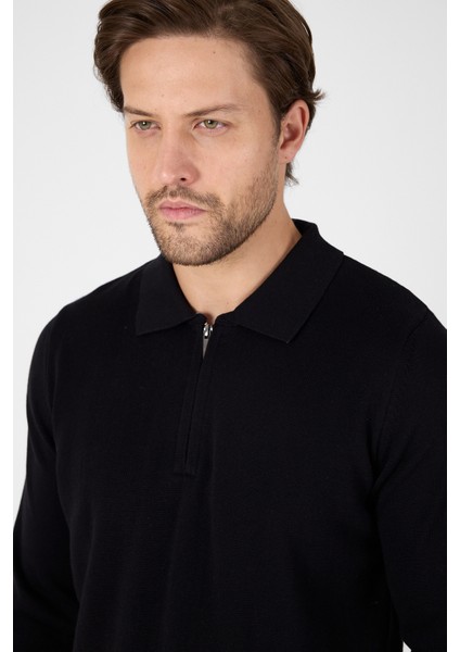 Siyah Saf %100 Pamuk Erkek Yarım Fermuarlı Polo Yaka Triko Kazak