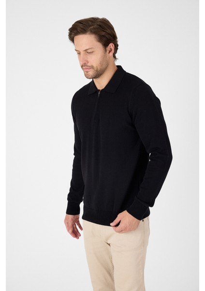 Siyah Saf %100 Pamuk Erkek Yarım Fermuarlı Polo Yaka Triko Kazak