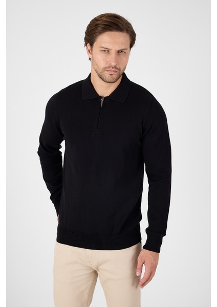 Siyah Saf %100 Pamuk Erkek Yarım Fermuarlı Polo Yaka Triko Kazak