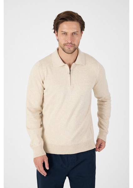 Bej Saf %100 Pamuk Erkek Yarım Fermuarlı Polo Yaka Triko Kazak