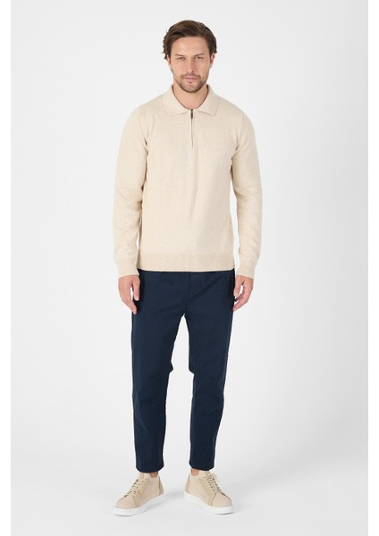 Bej Saf %100 Pamuk Erkek Yarım Fermuarlı Polo Yaka Triko Kazak fiyatları