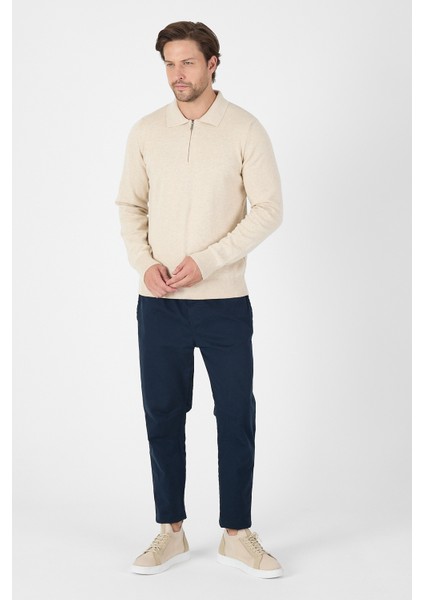 Bej Saf %100 Pamuk Erkek Yarım Fermuarlı Polo Yaka Triko Kazak modelleri