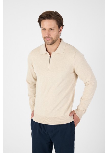 Bej Saf %100 Pamuk Erkek Yarım Fermuarlı Polo Yaka Triko Kazak fırsatları
