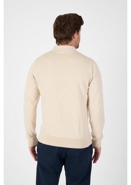 Bej Saf %100 Pamuk Erkek Yarım Fermuarlı Polo Yaka Triko Kazak indirimleri