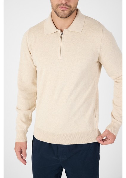 Bej Saf %100 Pamuk Erkek Yarım Fermuarlı Polo Yaka Triko Kazak