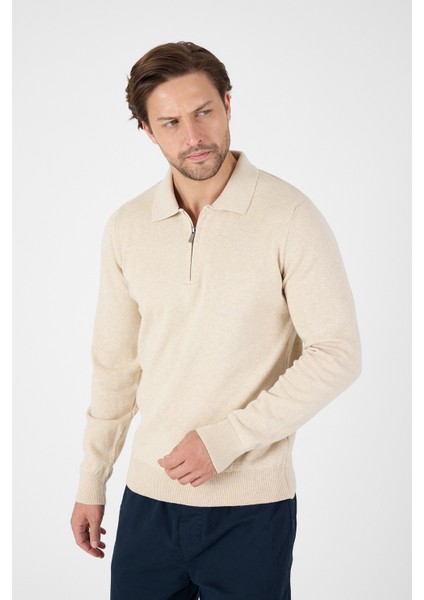 Bej Saf %100 Pamuk Erkek Yarım Fermuarlı Polo Yaka Triko Kazak
