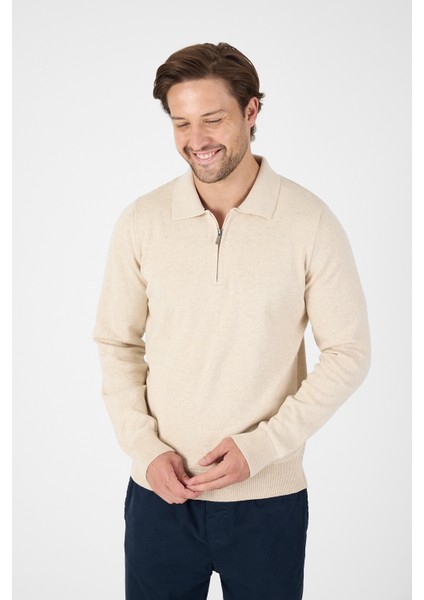 Bej Saf %100 Pamuk Erkek Yarım Fermuarlı Polo Yaka Triko Kazak