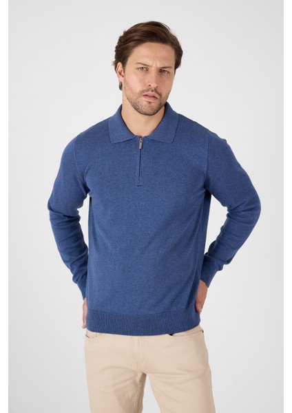 Açık Mavi Saf %100 Pamuk Erkek Yarım Fermuarlı Polo Yaka Triko Kazak