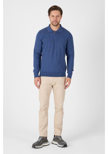 Açık Mavi Saf %100 Pamuk Erkek Yarım Fermuarlı Polo Yaka Triko Kazak fiyatları