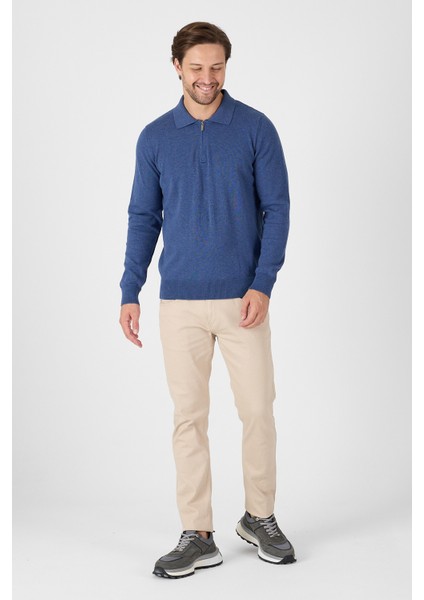 Açık Mavi Saf %100 Pamuk Erkek Yarım Fermuarlı Polo Yaka Triko Kazak modelleri