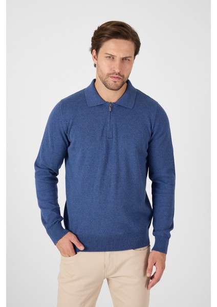 Açık Mavi Saf %100 Pamuk Erkek Yarım Fermuarlı Polo Yaka Triko Kazak fırsatları