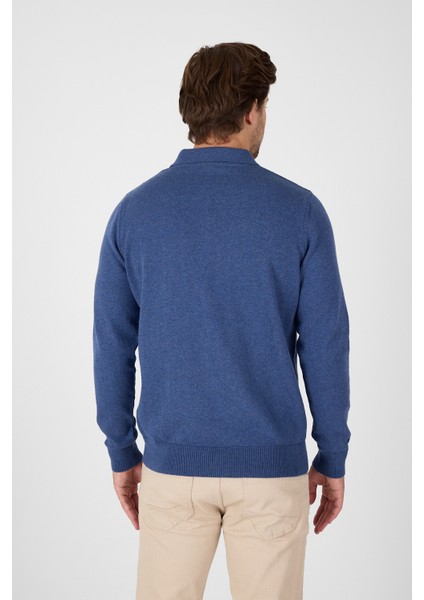 Açık Mavi Saf %100 Pamuk Erkek Yarım Fermuarlı Polo Yaka Triko Kazak indirimleri